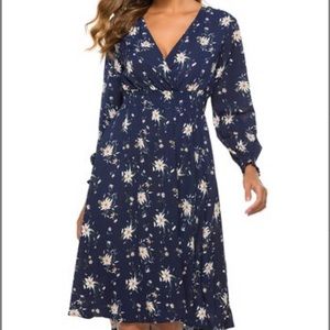 NWOT Navy, high-lo print surplice dress